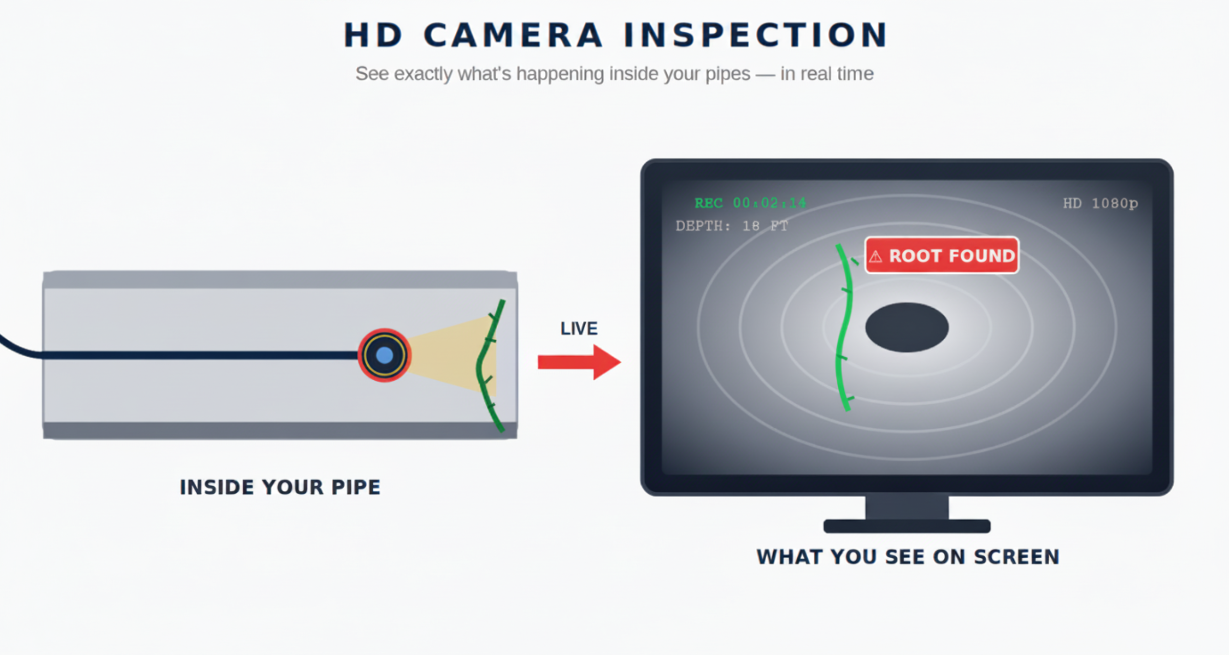 Drain camera inspection — HD camera in main sewer line and live monitor showing detected root. FREE WITH MAIN LINE SEWER SERVICE ONLY