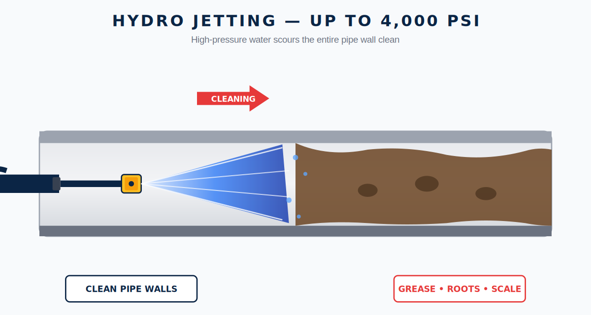 Hydro jetting diagram — 4,000 PSI water removing grease, roots and scale