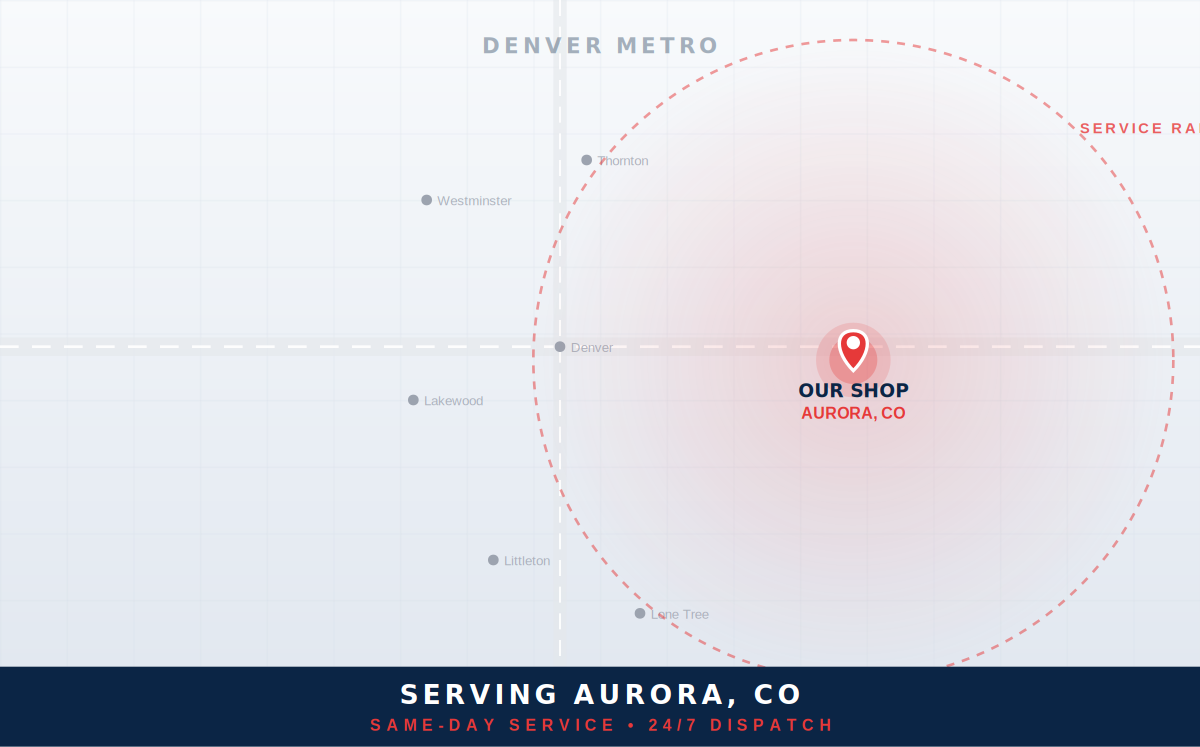 On-Call Rooter service area map — based in Aurora, serving all of Denver Metro